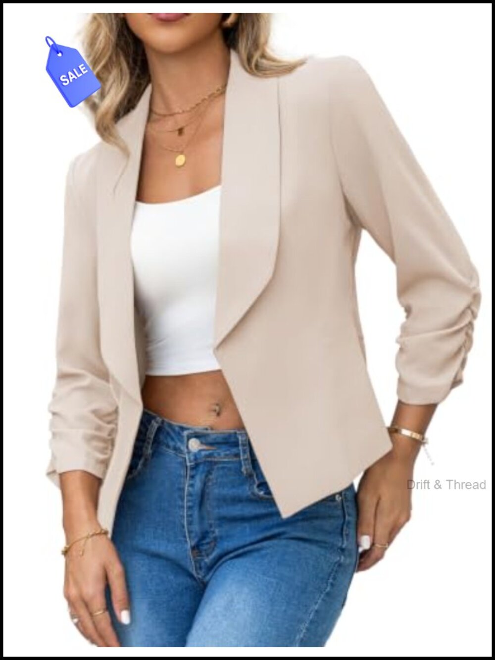 Essentials Women's 3/4 Ruched Sleeve Cropped Blazer Business Casual